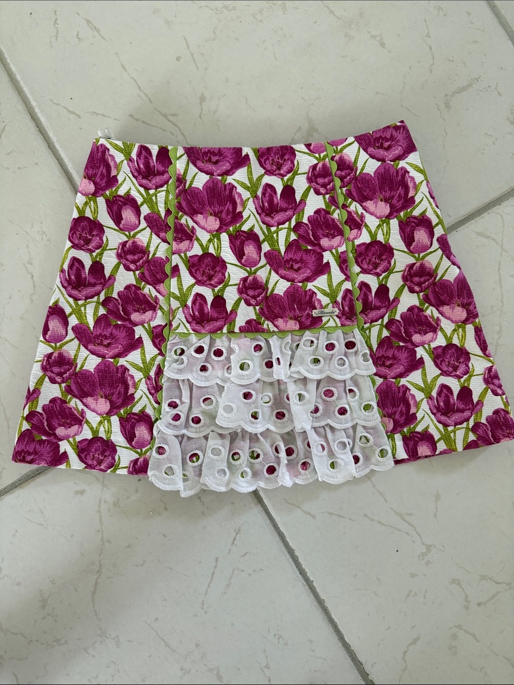 Floral Tulip Print Mini Skirt with Eyelet Ruffle Miranda